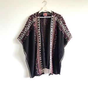 Johnny Was JWLA Black / Maroon Embroidered Open Front Poncho Cardigan Size XS